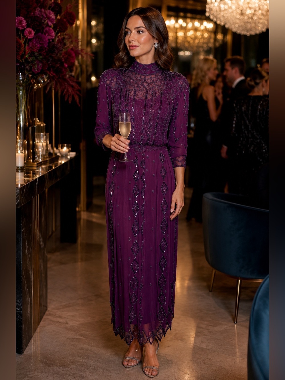 Elegant Women's Vintage Silk Beaded High-Neck Evening Dress in Deep Plum Size S